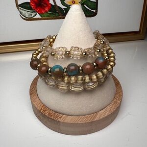 Gold & Brown Stretch Bracelets Set Boho Chic Beaded Stack Turquoise Accents